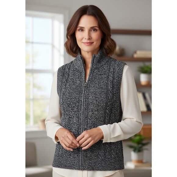 Talbots Women Large Petite Black/ White Knit Full Zip Cotton Sweater Vest - Picture 1 of 5